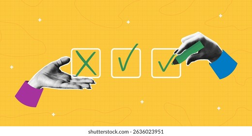 Checklist collage banner with halftone hands. Hand holding marker and putting a check mark or cross in checkbox. Collage design with halftone elements. Concept of check list. Vector illustration.