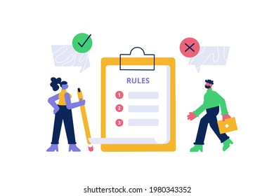 Checklist for company order, restrictions or law and regulations. List of rules concept. Vector society control guidelines and strategy for company order and restrictions flat illustration