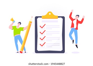 Checklist complete business concept tiny person with megaphone and pencil nearby giant clipboard, task done and check mark ticks flat style design vector illustration isolated white background.