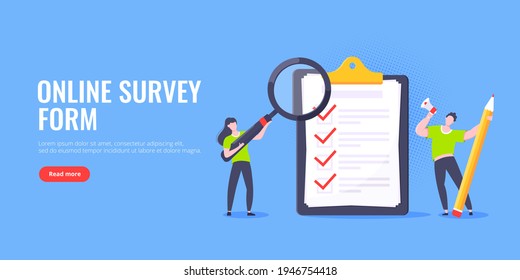 Checklist complete business concept tiny people with pencil, magnifying glass nearby giant clipboard, task done and check mark ticks flat style design vector illustration isolated white background.
