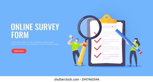 Checklist complete business concept tiny people with pencil, magnifying glass nearby giant clipboard, task done and check mark ticks flat style design vector illustration isolated white background.