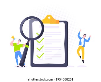 Checklist complete business concept tiny people with megaphone, magnifying glass nearby giant clipboard, task done and check mark ticks flat style design vector illustration isolated white background.
