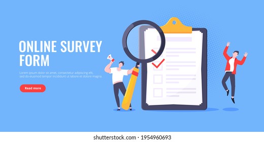 Checklist complete business concept tiny people with megaphone, magnifying glass nearby giant clipboard, task done and check mark ticks flat style design vector illustration isolated white background.