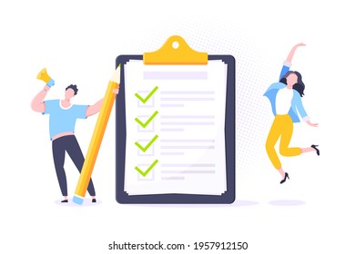 Checklist complete business concept tiny people with megaphone and pencil nearby giant clipboard, task done and check mark ticks flat style design vector illustration isolated white background.