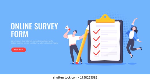 Checklist complete business concept tiny people with megaphone and pencil nearby giant clipboard, task done and check mark ticks flat style design vector illustration isolated white background.