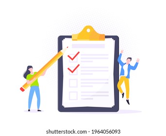 Checklist complete business concept tiny people with pencil nearby giant clipboard, task done and check mark ticks flat style design vector illustration isolated white background.