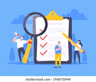 Checklist complete business concept tiny people with pencil, magnifying glass nearby giant clipboard, task done and check mark ticks flat style design vector illustration isolated white background.