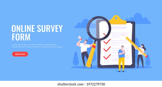 Checklist complete business concept tiny people with pencil, magnifying glass nearby giant clipboard, task done and check mark ticks flat style design vector illustration isolated white background.