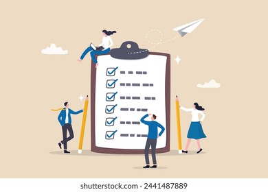 Checklist to complete project task, accomplish work checkmark, todo list clipboard or project status report, plan to finish work concept, business people holding pencil complete task checkbox.