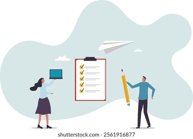 Checklist to complete project task, accomplish work checkmark, todo list clipboard or project status report,business concept.flat character.