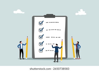 Lista de verificação para concluir a tarefa do projeto, realizar a marca de verificação de trabalho, lista de tarefas pendentes, área de transferência ou relatório de status do projeto, plano para terminar o conceito de trabalho, negócio segurando lápis concluir tarefa caixa de verificação.