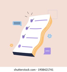 Checklist with complete tasks and goals, success business strategy, paper page with plan or test. The form for survey. Flat vector illustration in modern cartoon style with office element, isolated