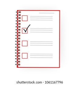 Checklist, complete tasks, to-do list, survey, exam concepts. Red opened notepad . Sketchbook or diary. Vector illustration