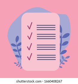 Lista de comprobación, tareas completas, lista de tareas pendientes, formulario de examen, ilustración plana