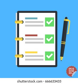 Checklist, complete tasks, to-do list, survey, exam concepts. Clipboard with green ticks checkmarks and pen. Premium quality. Modern flat design graphic elements