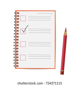 Checklist, complete tasks, to-do list, survey, exam concepts. Red opened notepad with pencil and pen in top view. Sketchbook or diary. Vector illustration