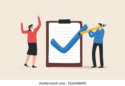 Checklist of completed tasks, achievements, or projects. Manager and Employee standing near clipboard with checkmark approval.