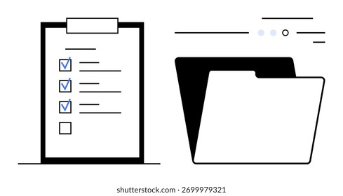 Lista de verificação com tarefas concluídas exibidas na área de transferência ao lado de uma pasta de arquivos aberta. Ideal para produtividade, organização, gerenciamento de tarefas, trabalho no escritório, planejamento de projetos, documentação, administração