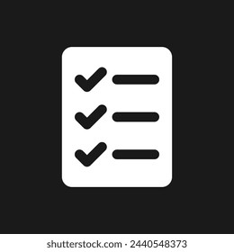 Checklist of completed tasks pixel dark mode glyph ui icon. Planner. User interface design. White silhouette symbol on black space. Solid pictogram for web, mobile. Vector isolated illustration