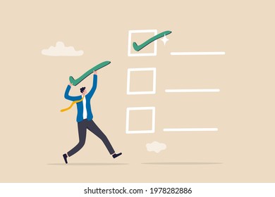 Checklist for completed tasks, project checkbox or achievement list and approval document concept, businessman carrying big tick to put on completed task for project tracking.