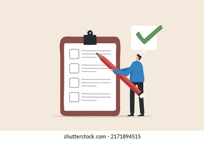 Checklist for completed tasks, project checkbox. 
List of goals that have been accomplished. Businessman standing with a pencil.