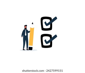 Checklist for completed tasks, project checkbox or achievement list and approval document concept, businessman carrying big tick to put on completed