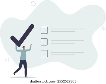 Lista de verificação para tarefas concluídas, caixa de seleção de projeto ou lista de conquistas e caracteres de concept.flat do documento de aprovação.