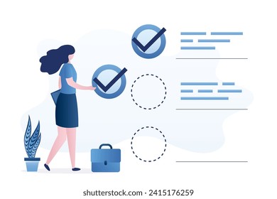 Checklist for completed tasks. Time management. To do list or office day planner. Project checkbox or achievement list. Businesswoman holds tick sign to put on completed project task. Flat vector