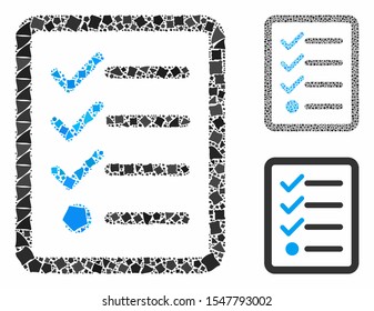 Checklist composition of irregular items in various sizes and color tones, based on checklist icon. Vector irregular elements are grouped into collage. Checklist icons collage with dotted pattern.