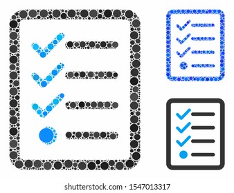 Checklist composition of small circles in various sizes and shades, based on checklist icon. Vector small circles are organized into blue composition. Dotted checklist icon in usual and blue versions.