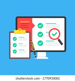 Checklist. Computer with check list on screen and clipboard with checklist and checkboxes with green ticks. Online survey, exam, audit, report, poll concepts. Modern flat design. Vector illustration