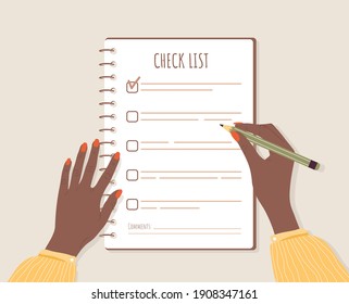 Checklist concept. African woman planning day or week. Business task scheduling, work process organization and achievements of goals. Vector illustration in flat cartoon style.