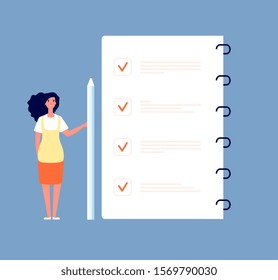 Checklist concept. Businesswoman standing at to do list. Months planning, time management and survey form vector background