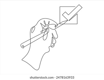 Checklist concept. Close-up of a hand holding a pen, mark correct sign symbols in boxes on white paper.Space for text. Checklist, Approved concept