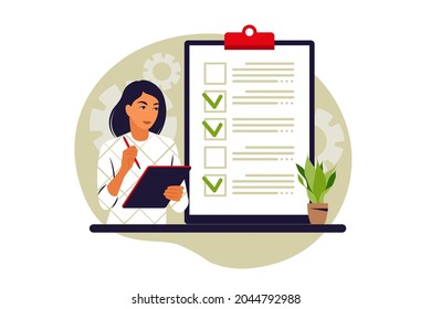 Checklist concept. Completion of business tasks. Vector illustration. Flat