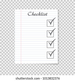 Checklist concept. To do list on school notebook paper. Checkmark. Vector illustration on transparent background.
