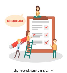 Checklist concept. People make checkmark on clipboard. Test or questionnaire, to do list. Achievement sign. Isolated flat vector illustration