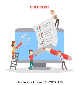 Checklist concept. People make checkmark on clipboard. Test or questionnaire, to do list. Achievement sign. Isolated flat vector illustration