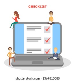 Checklist concept. People make checkmark on clipboard. Test or questionnaire, to do list. Achievement sign. Isolated flat vector illustration