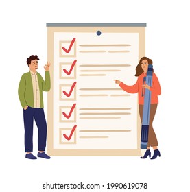 Checklist concept. Successful workers, business people start up task board. Tasks ready, smart time management vector illustration