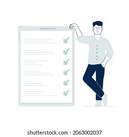 Checklist concept. Task check, success work planning. Successful businessman with test form, exam or plan. Manager and to do list recent vector concept