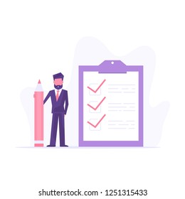 Checklist concept vector illustration. Business man with a big pencil and checklist on a clipboard paper.