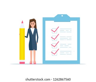 Checklist concept vector illustration. Business woman with a big pencil and checklist on a clipboard paper. Vector
