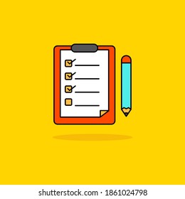 Ilustración vectorial de concepto de lista de verificación aislada en fondo amarillo. Estilo de color lineal del icono de lista de verificación