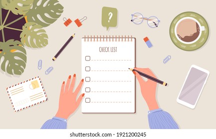 Checklist concept. Woman planning day or week. Business task scheduling, work process organization and achievements of goals. Top-down view. Vector illustration in flat cartoon style.