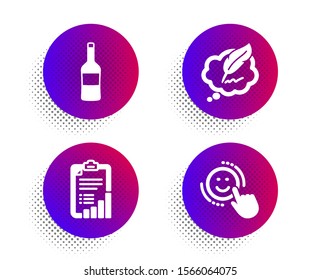 Checklist, Copyright chat and Wine icons simple set. Halftone dots button. Smile sign. Graph report, Speech bubble, Merlot bottle. Positive feedback. Business set. Classic flat checklist icon. Vector
