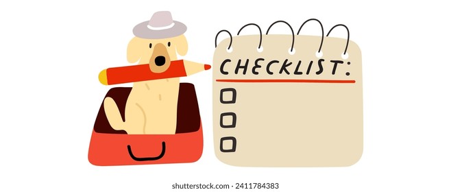 Checklist. Cute dog with pencil. Plan a vacation. Flat vector design. Hand drawn illustration on white background. 