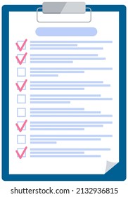 Checklist, daily plan with red tick marks on clipboard. To do list, questionnaire form, survey concept. Check sheet, scheduling timetable, planning schedule, time management vector illustration