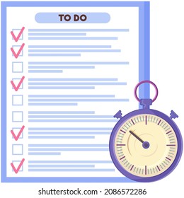 Checklist, daily plan reminder near stopwatch. To do list, questionnaire, survey, report on sheet of paper. Timer next to check sheet, scheduling timetable, planning schedule, time management concept