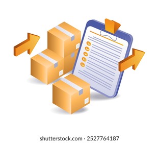 Lista de verificação de dados de mercadorias pacote de entrega ilustração isométrica